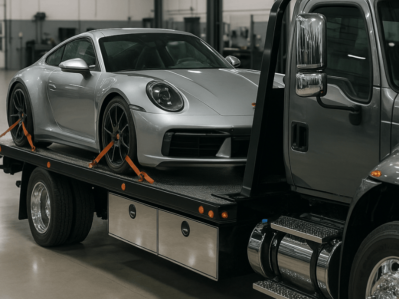 Porsche 911 on professional flatbed truck