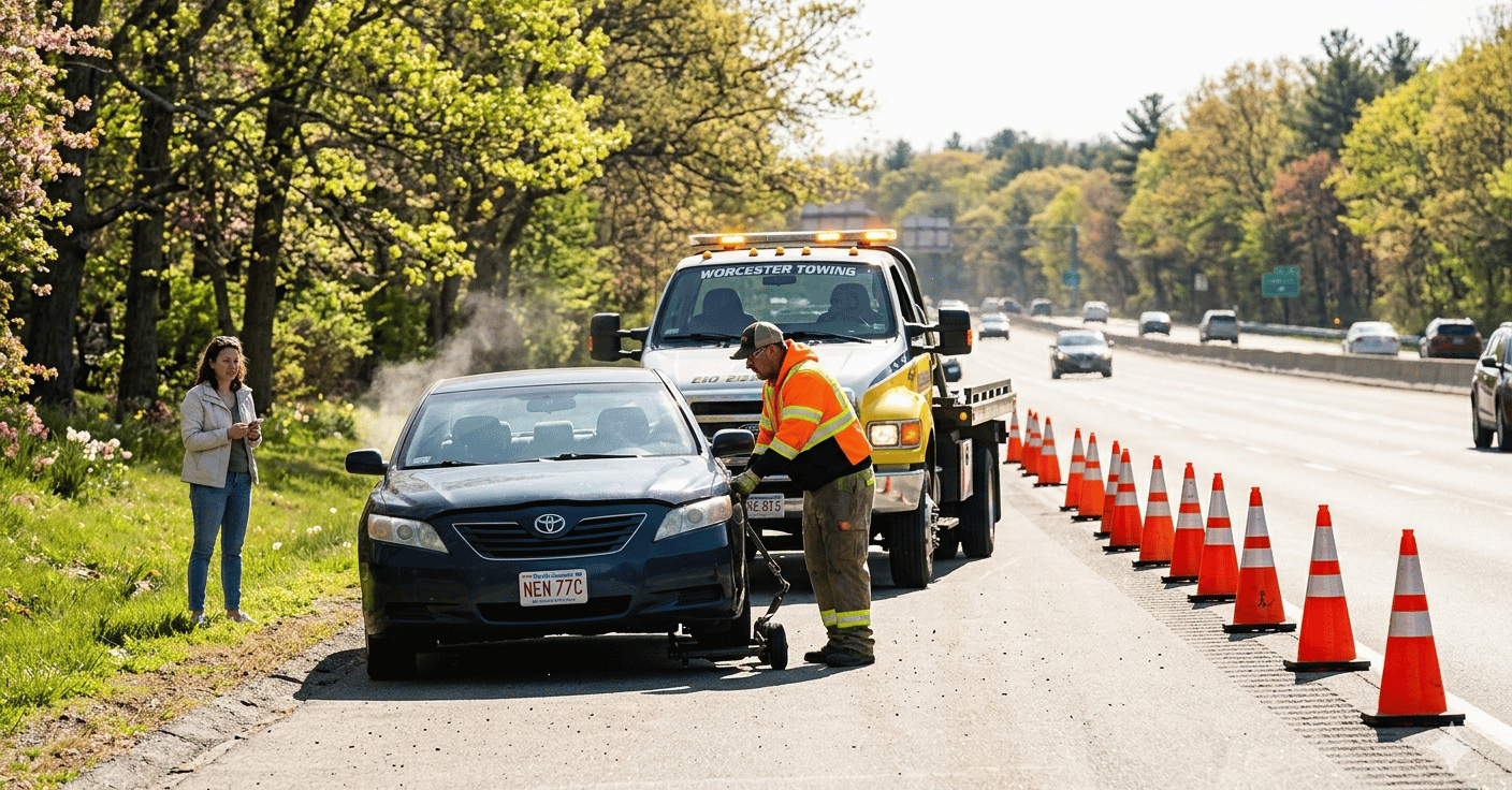 A tow truck operator in reflective safety gear assists a disabled vehicle on the roadside with traffic cones set up during warm spring highway conditions.